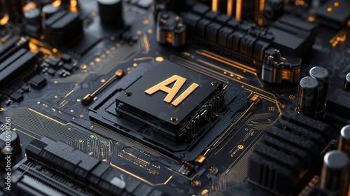 Close-up of a computer motherboard with a gold AI chip.