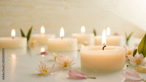 Serene spa scene with floating candles and flowers.