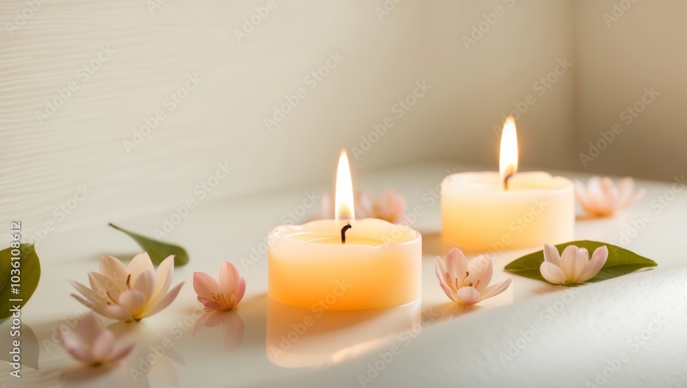 Serene spa scene with floating candles and flowers. Serene spa scene with floating candles and flowers.