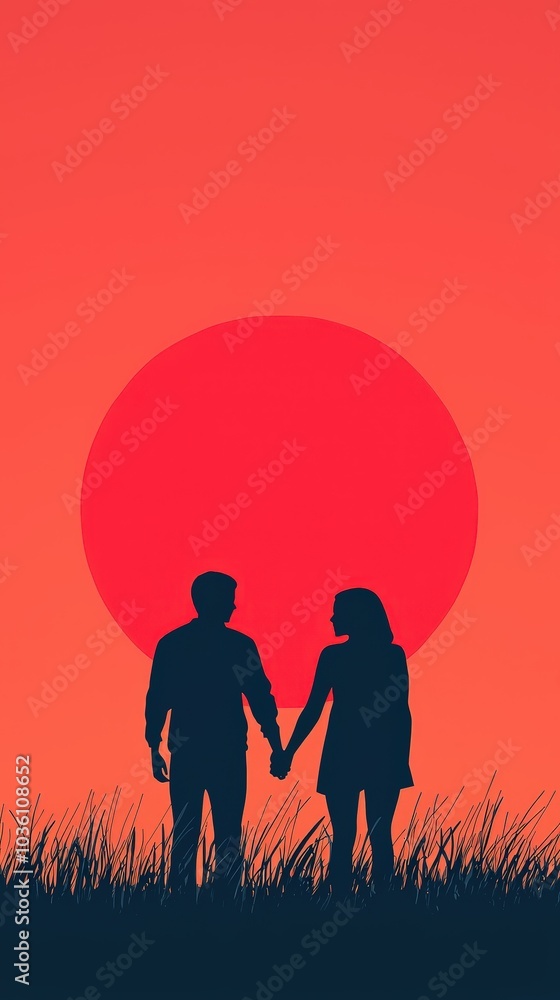 A romantic silhouette of a couple holding hands against a majestic sunset symbolizing love and togetherness in nature's embrace A romantic silhouette of a couple holding hands against a majestic sunset symbolizing love and togetherness in nature's embrace