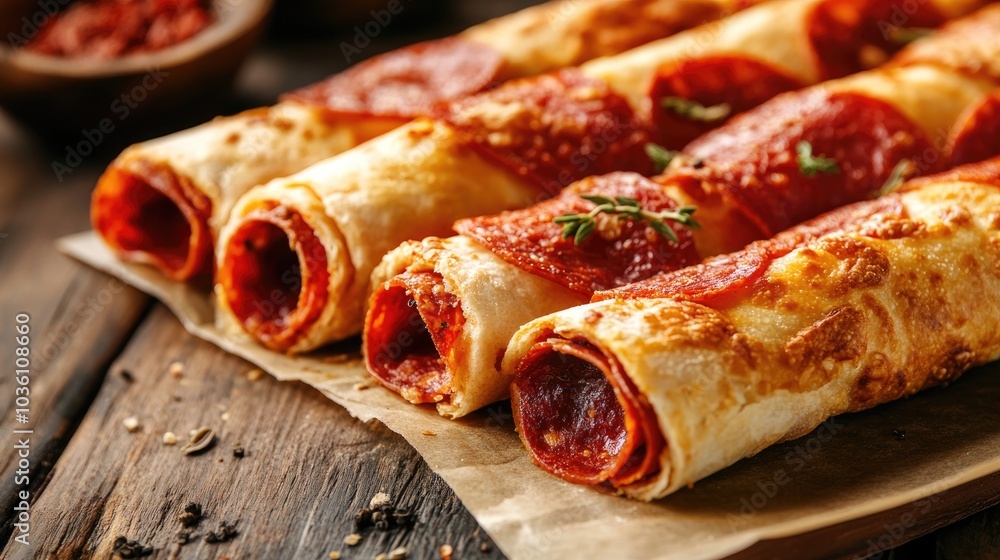 Pepperoni snacks featuring Italian focaccia rolled and presented with a selective focus Room for text integration Pepperoni snacks featuring Italian focaccia rolled and presented with a selective focus Room for text integration