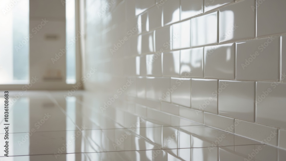 Glossy White Tile Wall with Reflective Floor Surface. Glossy White Tile Wall with Reflective Floor Surface.