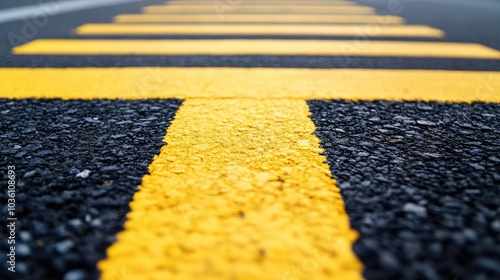 Yellow and black speed bumps on the asphalt creating obstacles for vehicles to lower their speed and enhance pedestrian safety photo