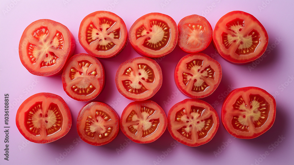 Sliced red tomatoes arranged in a circular pattern on a soft lilac background, with the bright red interiors adding texture and depth. Sliced red tomatoes arranged in a circular pattern on a soft lilac background, with the bright red interiors adding texture and depth.