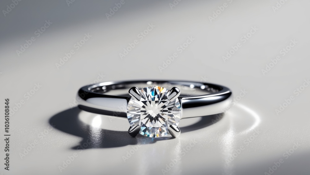 Diamond engagement ring with a metal band that reflects light. Diamond engagement ring with a metal band that reflects light.