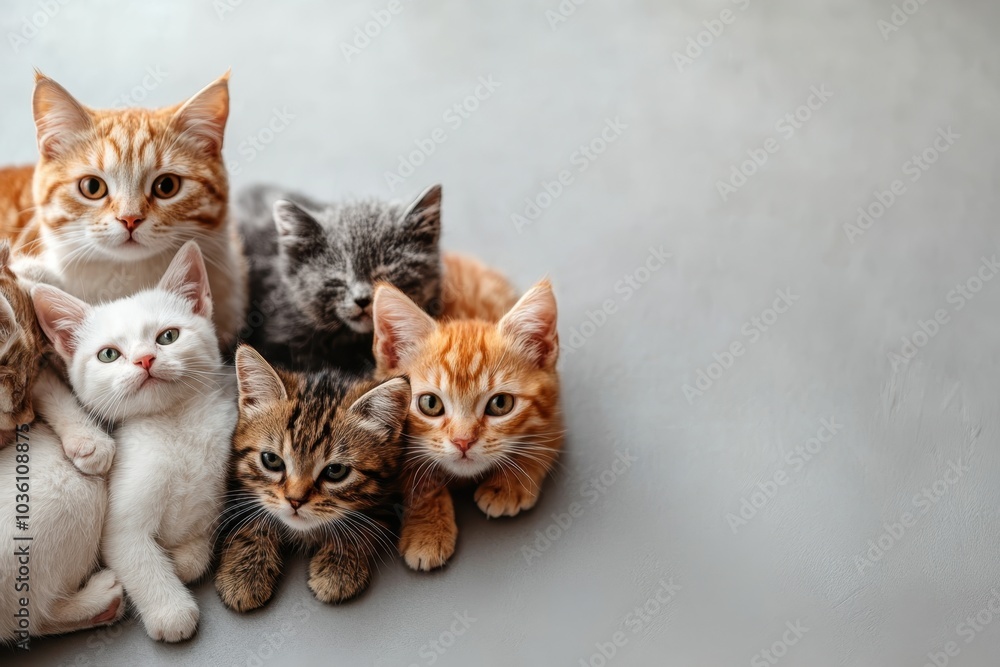 Obraz premium A group of playful kittens resting together on a soft surface in a cozy indoor setting during the afternoon