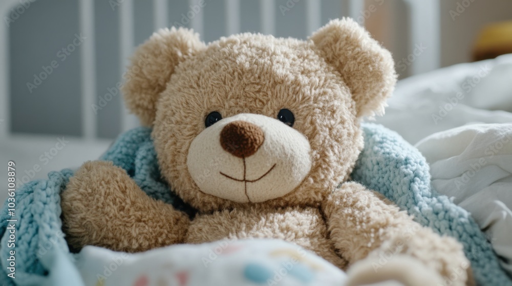Kuscheliger Teddybär in weiche Decken gehüllt für eine warme, entspannende Atmosphäre Kuscheliger Teddybär in weiche Decken gehüllt für eine warme, entspannende Atmosphäre