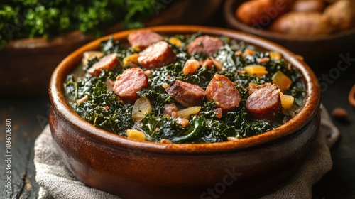 Savory kale dish featuring sausage and smoked pork photo