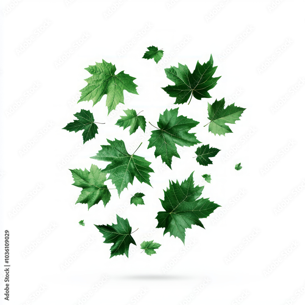 Fototapeta premium Green leaves falling against a white background.