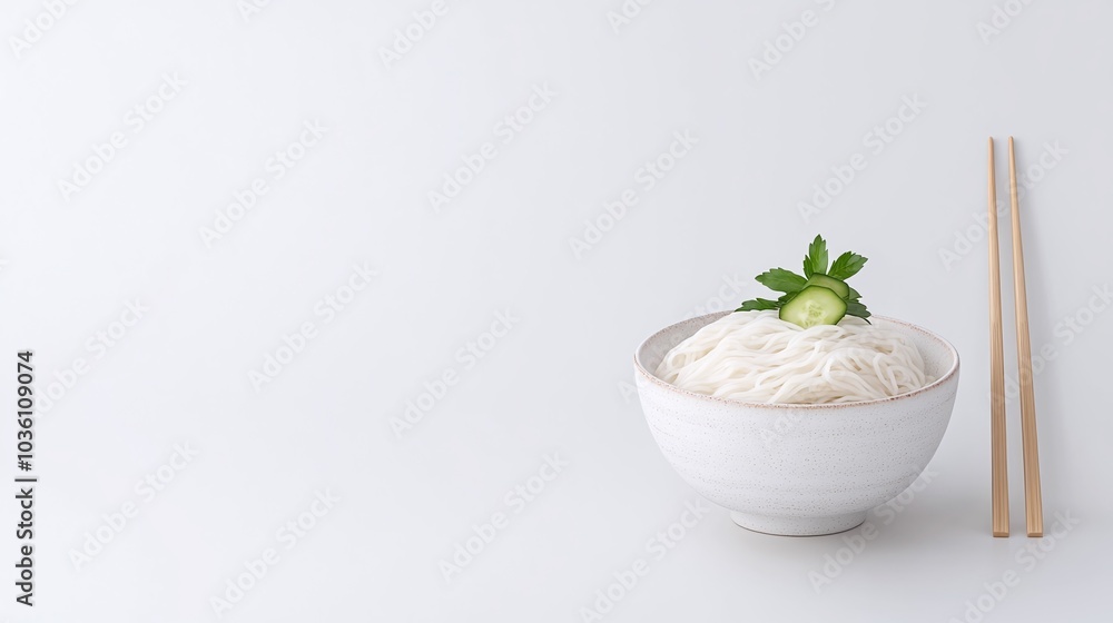White bowl of rice noodles with cucumber garnish, minimalist Asian food presentation, healthy eating, chopsticks, clean and simple background, traditional Asian cuisine
White bowl of rice noodles with cucumber garnish, minimalist Asian food presentation, healthy eating, chopsticks, clean and simple background, traditional Asian cuisine