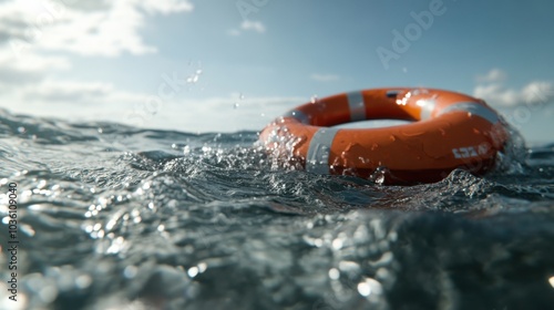 Sicherheit auf See im Sommer: Orangefarbener Rettungsring schwimmt in den Wellen des Ozeans für die maritime Sicherheit photo