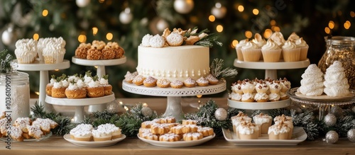 Wallpaper Mural A festive dessert table with a white cake, cupcakes, and cookies, decorated with greenery and ornaments. Torontodigital.ca