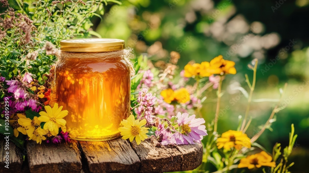 A jar of honey rests on a wooden table accompanied by an assortment of medicinal herbs and vibrant wildflowers A jar of honey rests on a wooden table accompanied by an assortment of medicinal herbs and vibrant wildflowers