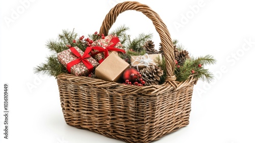 A wicker basket filled to the brim with gifts set against a white background