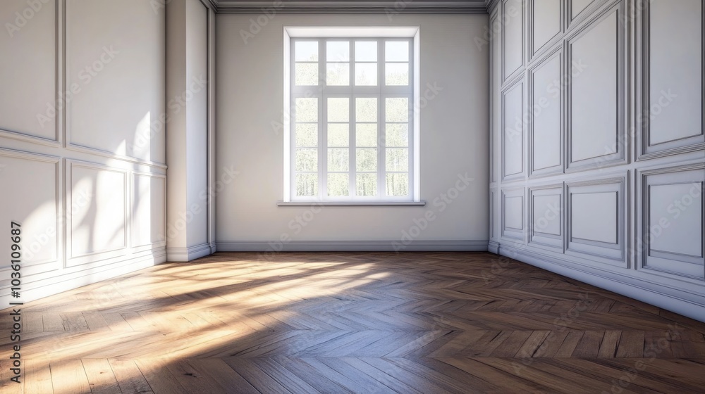 Fototapeta premium Modern empty room featuring white walls wooden flooring and a window