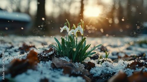 Schneeglöckchen blühen in verschneiter Landschaft für Frühlingserwachen in der Naturfotografie photo