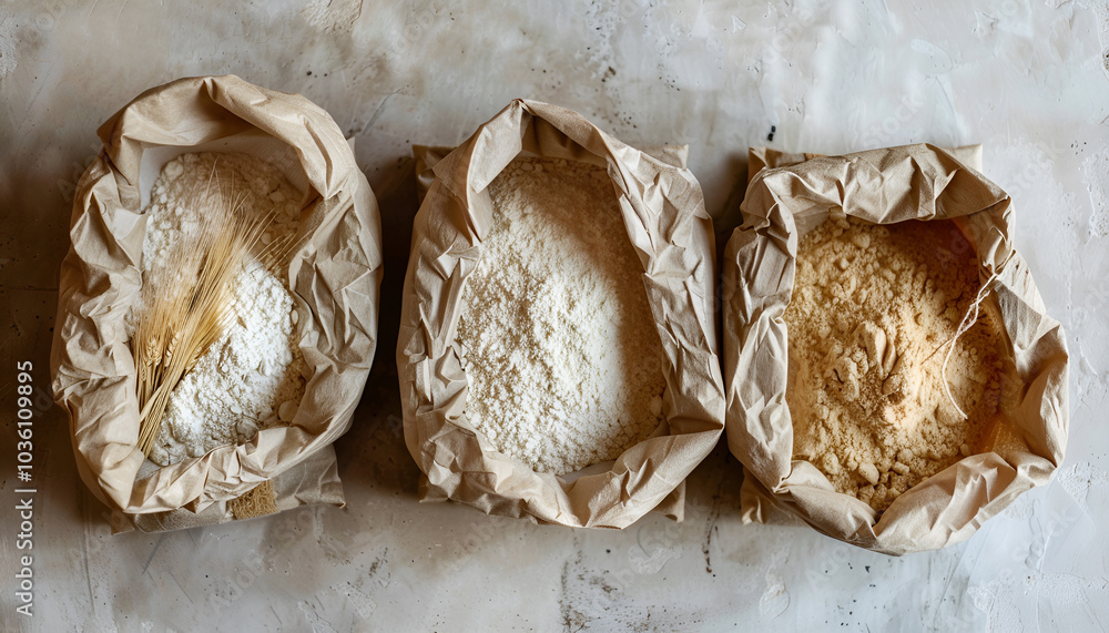 Various wheat cereal flours in bakery bags. Texture of four wheats in flour mill: ground wheat germ, wheat bran, semolina flour, durum. Top view Various wheat cereal flours in bakery bags. Texture of four wheats in flour mill: ground wheat germ, wheat bran, semolina flour, durum. Top view