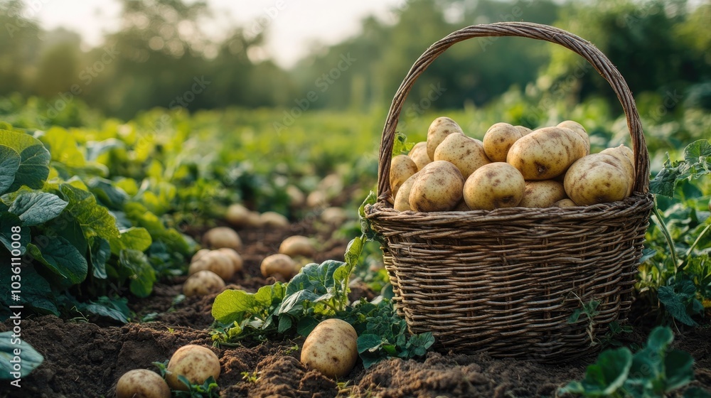Fresh organic potatoes in a field with numerous large potatoes in a basket and lush green leaves on the ground captured up close Fresh organic potatoes in a field with numerous large potatoes in a basket and lush green leaves on the ground captured up close
