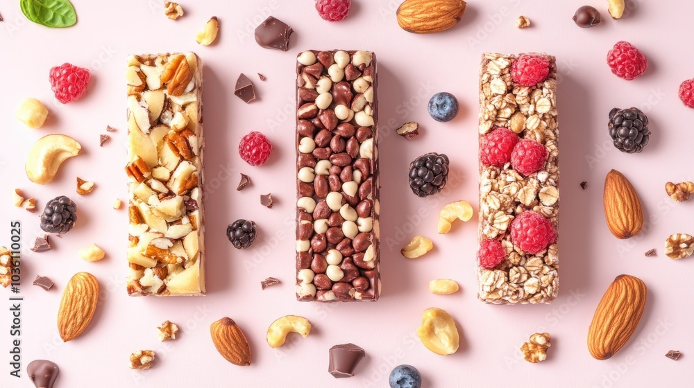 Assorted protein bars featuring nuts fruits and chocolate arranged on a light pink background complemented by scattered nuts and fruits Assorted protein bars featuring nuts fruits and chocolate arranged on a light pink background complemented by scattered nuts and fruits
