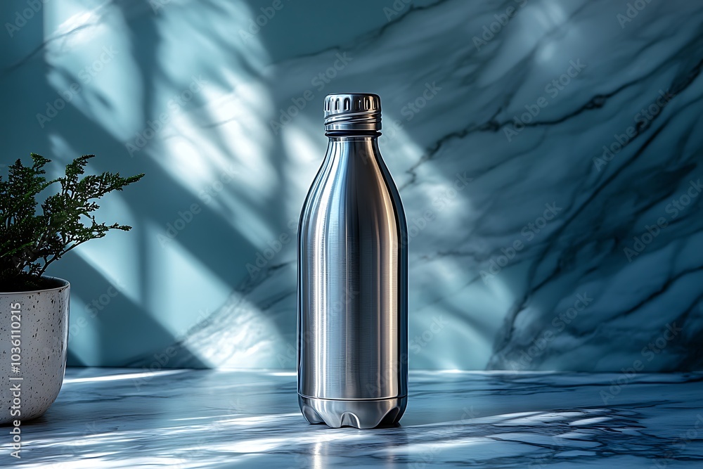 A reusable steel water bottle on a marble table with a plant. A reusable steel water bottle on a marble table with a plant.