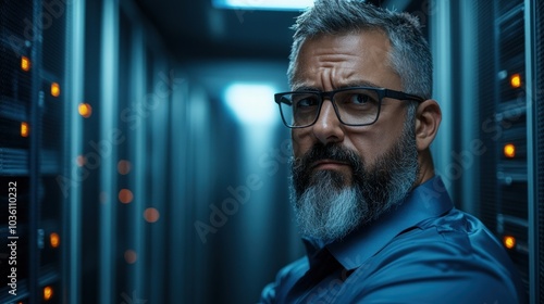 An IT expert inspects server equipment in a dark data center, showing concentration and determination. The environment highlights the importance of technology in today's digital age