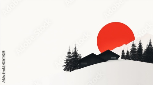 Minimalistische Winterszene mit roter Sonne und Skigebietsästhetik für modernes Design photo