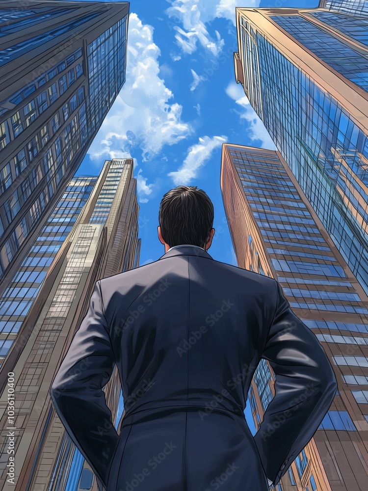 Fototapeta premium Businessman Looking Up at Skyscrapers Under a Clear Sky