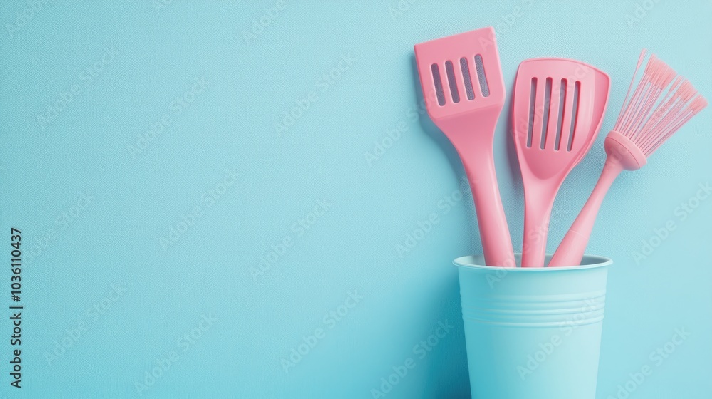 Pink kitchen utensils placed on a blue surface featuring rubber accessories in a container Ideal for culinary and cooking themes with silicone spatulas and brushes providing ample copy space Pink kitchen utensils placed on a blue surface featuring rubber accessories in a container Ideal for culinary and cooking themes with silicone spatulas and brushes providing ample copy space
