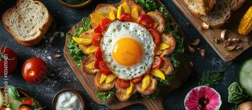 Egg In Toast Bread Baked In The Shape Of A Flower With Fresh Vegetables And Yogurt photo