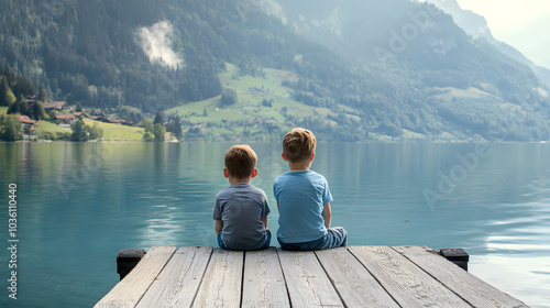 Heartwarming scene of two boys enjoying a peaceful moment by a lake, celebrating true connection and friendship