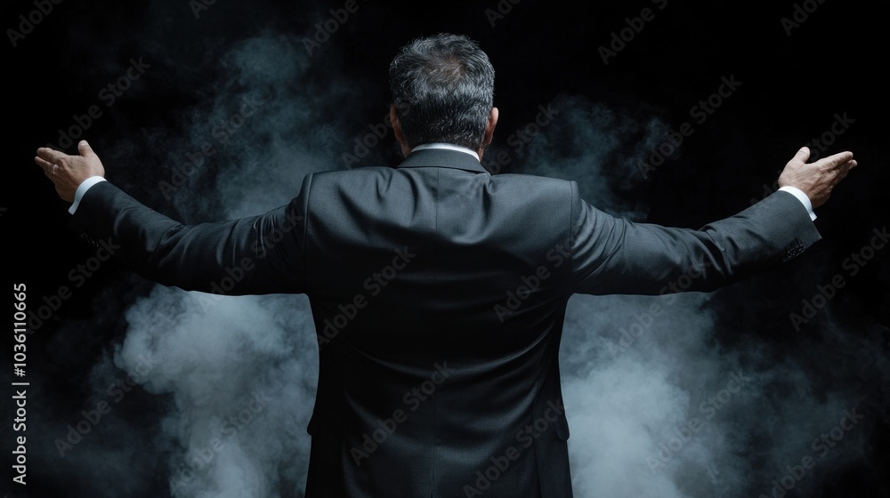 The man wearing a tailored black suit gestures with arms wide open, surrounded by swirling smoke, conveying a powerful and confident emotion in an artistic setting The man wearing a tailored black suit gestures with arms wide open, surrounded by swirling smoke, conveying a powerful and confident emotion in an artistic setting
