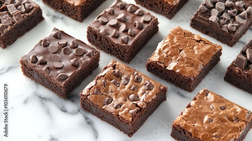 Assorted chocolate brownies featuring chocolate chips elegantly arranged on a marble surface embodying a gourmet dessert theme photo