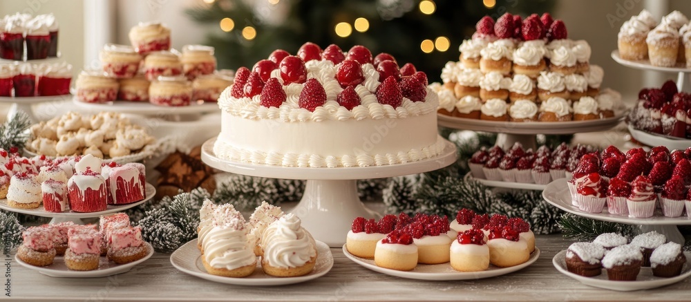 A table filled with a variety of desserts, including a large strawberry cake, mini cakes, cupcakes, cookies, and pastries. A table filled with a variety of desserts, including a large strawberry cake, mini cakes, cupcakes, cookies, and pastries.