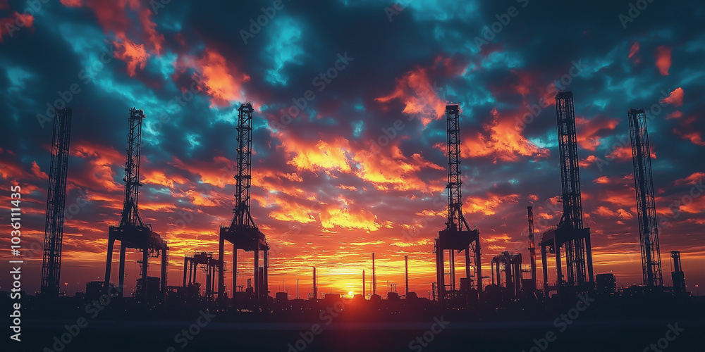 Industrial Crane Silhouettes at Sunset with Dramatic Sky
Industrial Crane Silhouettes at Sunset with Dramatic Sky