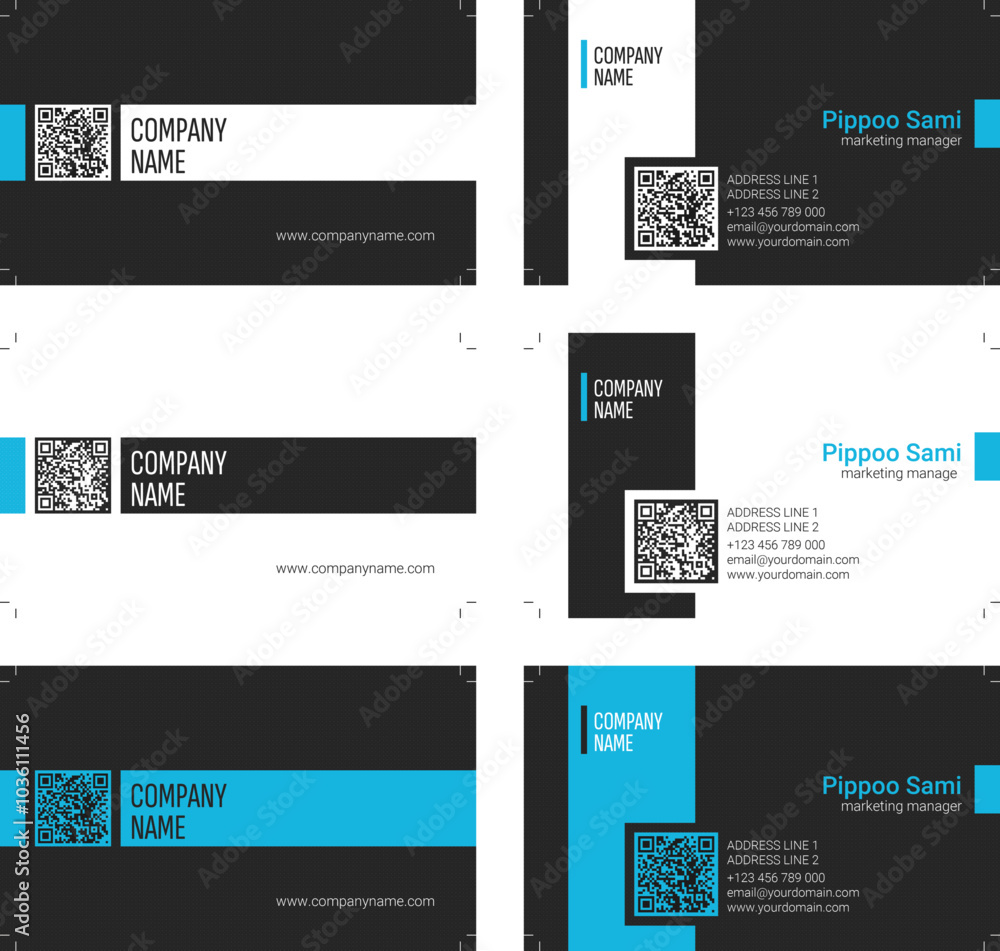 3 Elegant Blue Landscape QR Business Card Designs (Size 3,5 in x 2 in with bleed 0,125 in - front and back sides - 100% vector - Editable text) 3 Elegant Blue Landscape QR Business Card Designs (Size 3,5 in x 2 in with bleed 0,125 in - front and back sides - 100% vector - Editable text)