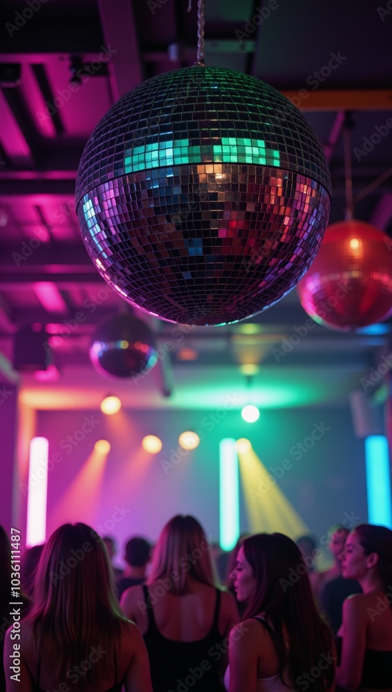 Vibrant disco ball lights highlight an abstract retro-inspired nightclub scene for celebrations and music events Vibrant disco ball lights highlight an abstract retro-inspired nightclub scene for celebrations and music events