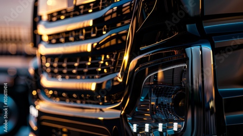 A detailed view of a truck's front grille and headlights, with reflections of the surrounding environment, Urban setting with sleek design