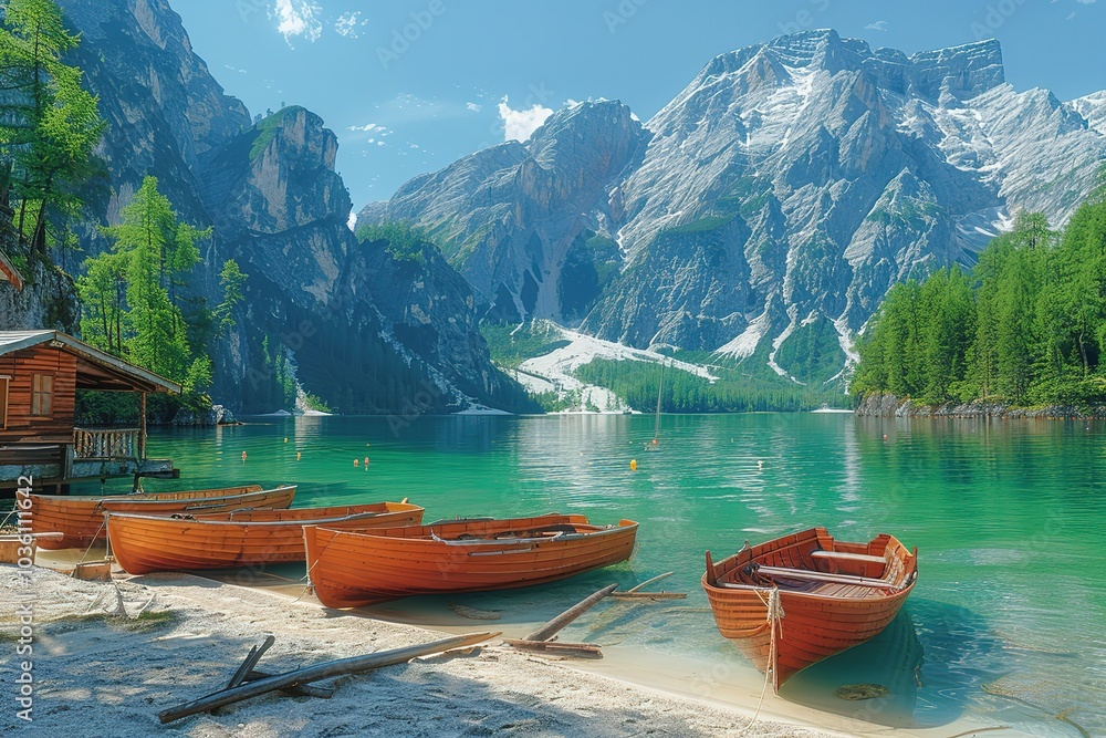 Wooden boats on a pristine beach with towering mountains in the background. Wooden boats on a pristine beach with towering mountains in the background.