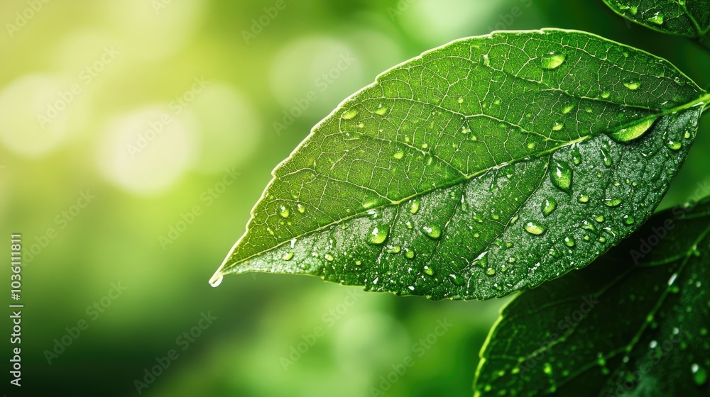 Close up of a green leaf adorned with water droplets complemented by a blurred plant backdrop featuring ample space for text Close up of a green leaf adorned with water droplets complemented by a blurred plant backdrop featuring ample space for text