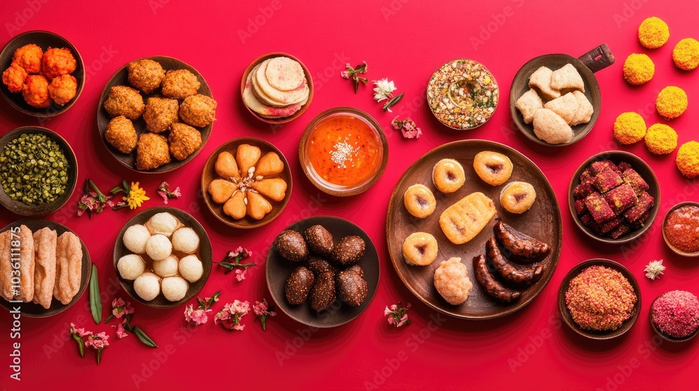Traditional Indian sweets arranged on a vibrant red background in a flat lay composition Traditional Indian sweets arranged on a vibrant red background in a flat lay composition