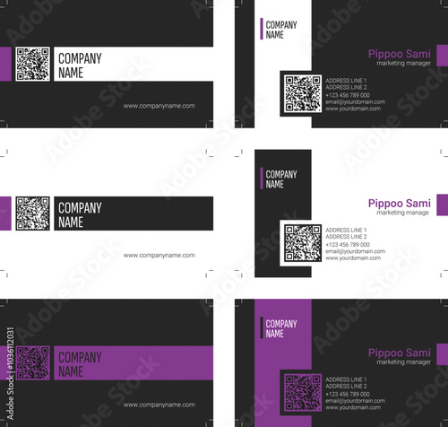 3 Elegant Purple Landscape QR Business Card Designs (Size 3,5 in x 2  in with bleed 0,125 in - front and back sides - 100% vector - Editable text) photo