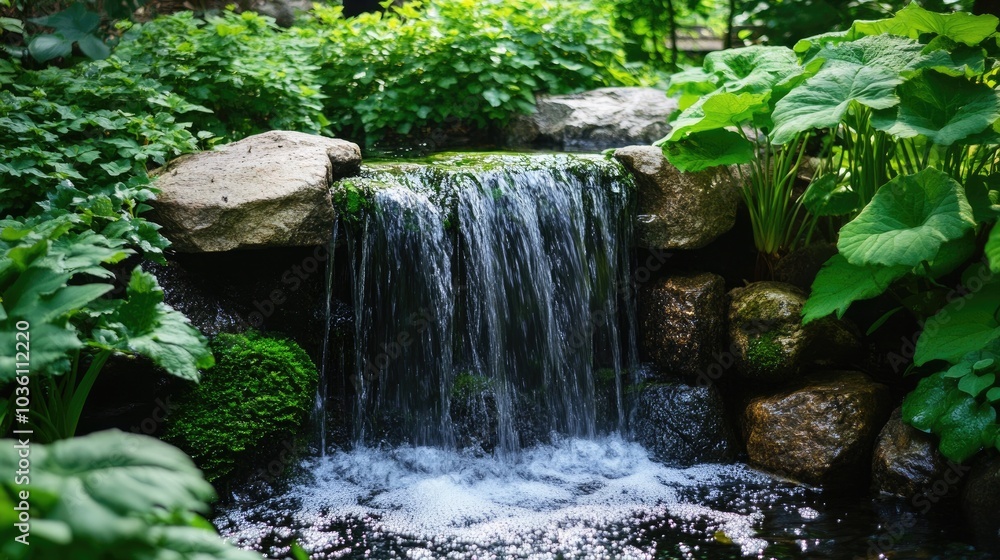 A serene waterfall nestled among vibrant green foliage A serene waterfall nestled among vibrant green foliage