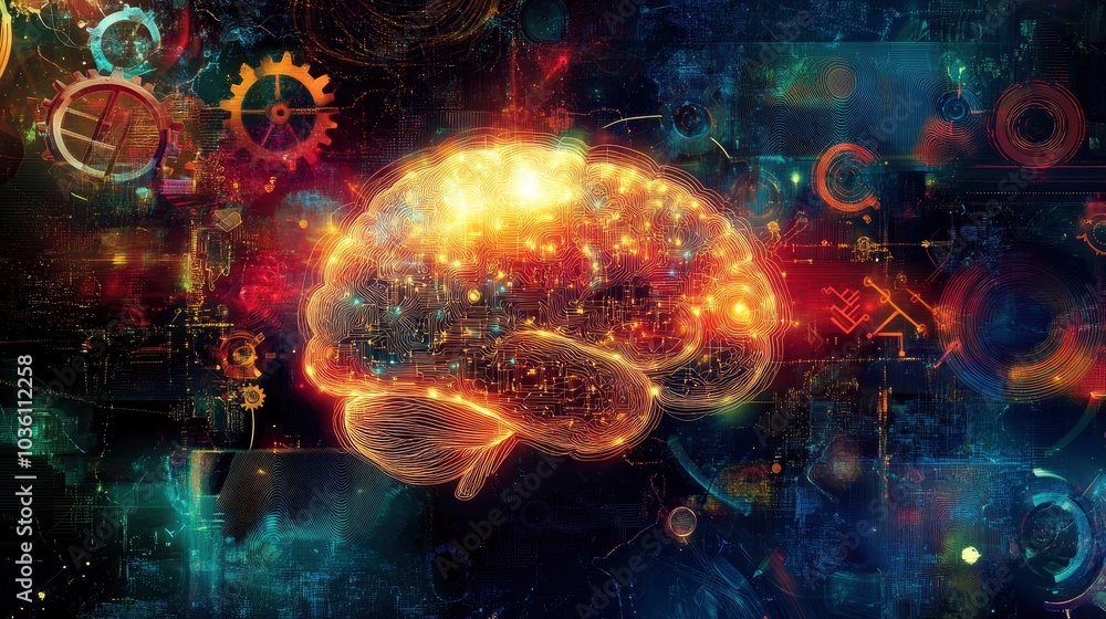 A professional photo of a brain illuminated by soft glowing lights, neural pathways in abstract shapes A professional photo of a brain illuminated by soft glowing lights, neural pathways in abstract shapes