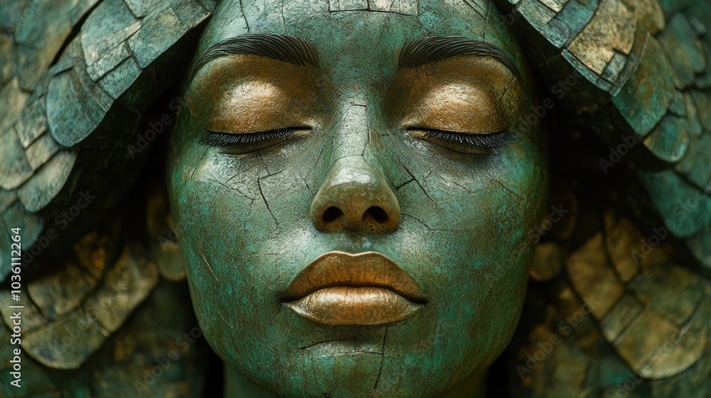 A serene figure rests with closed eyes, her face adorned with intricate green leaf-like makeup that evokes a connection to nature, showcasing creativity and artistry A serene figure rests with closed eyes, her face adorned with intricate green leaf-like makeup that evokes a connection to nature, showcasing creativity and artistry