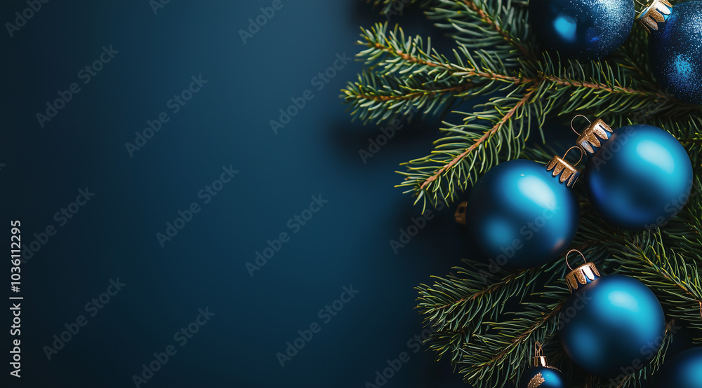 Elegant blue Christmas ornaments with pine branches on a glittering surface.
Elegant blue Christmas ornaments with pine branches on a glittering surface.