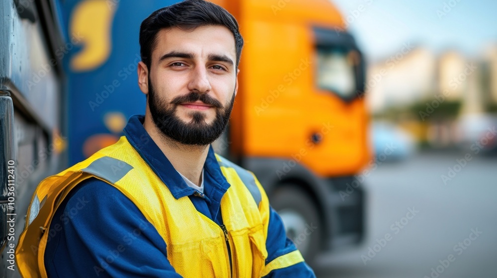 A young man wearing a bright safety vest sits casually against a wall, smiling confidently while a large orange freight truck is parked nearby in an industrial setting A young man wearing a bright safety vest sits casually against a wall, smiling confidently while a large orange freight truck is parked nearby in an industrial setting
