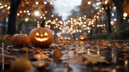 Herbstliche Kürbisausstellung mit geschnitzter Kürbislaterne als Halloween-Dekoration photo