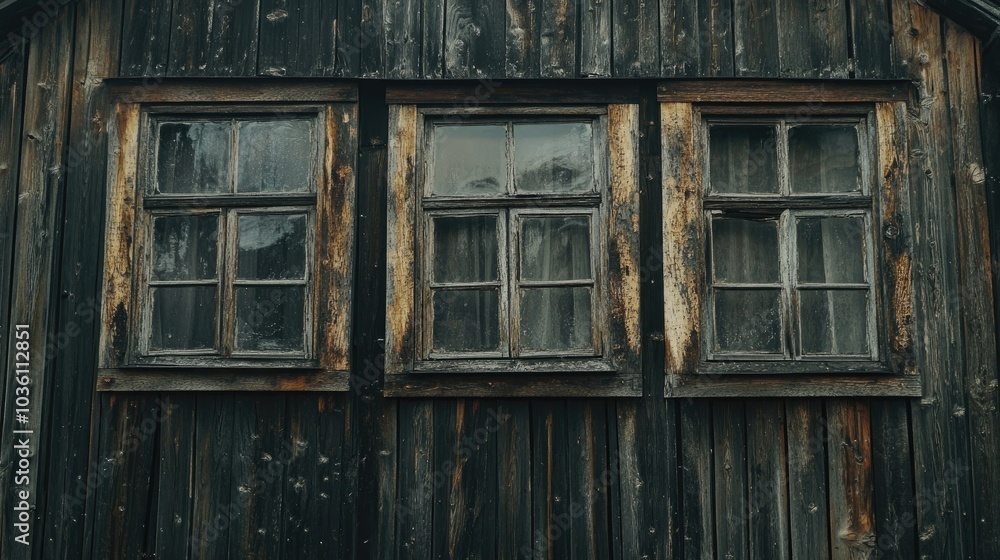 Rustic weathered wooden house exudes a timeless charm featuring aged and worn windows that highlight its vintage appeal Rustic weathered wooden house exudes a timeless charm featuring aged and worn windows that highlight its vintage appeal