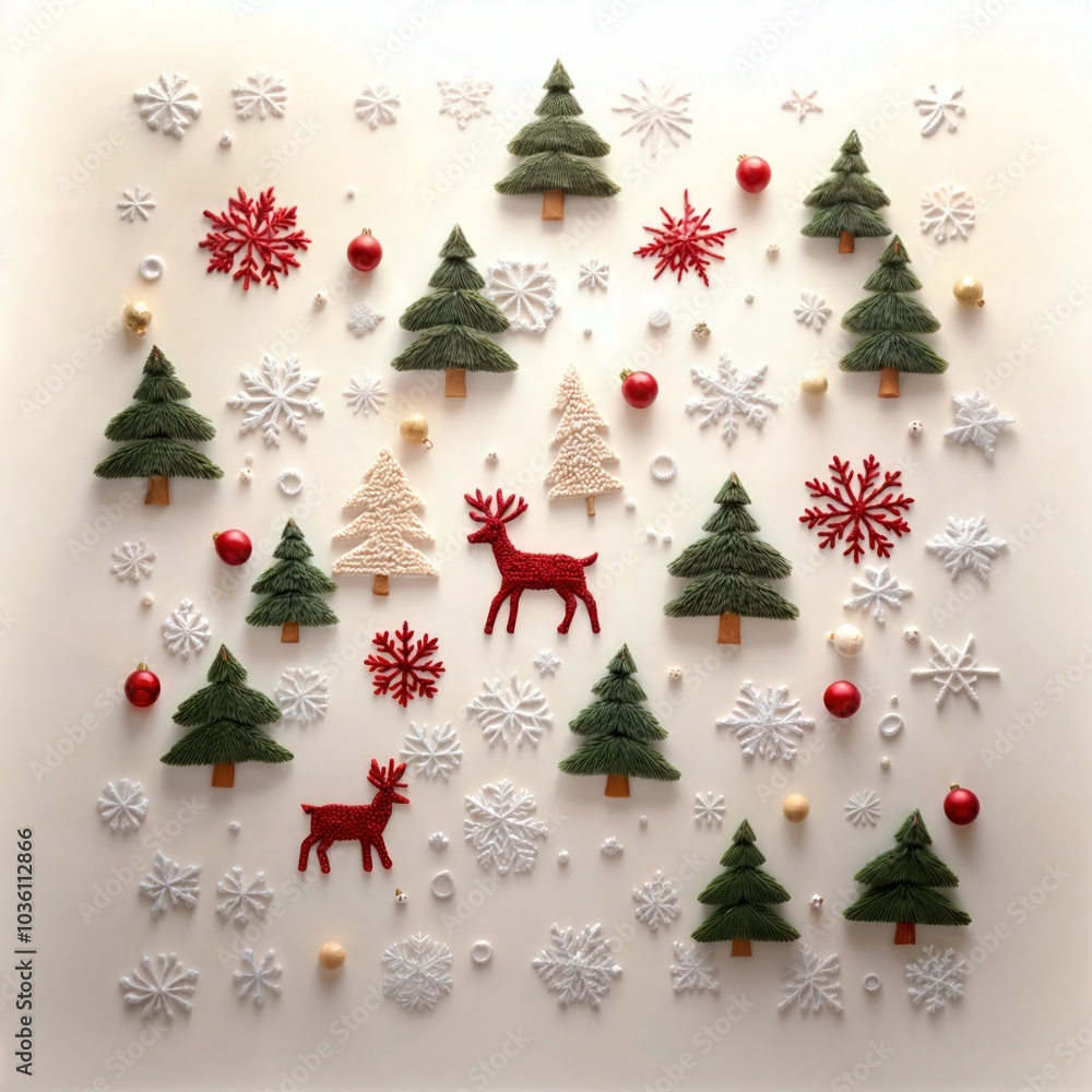 Creative Christmas layout with felt trees, reindeer, snowflakes, and ornaments, minimalist holiday decorations on light background