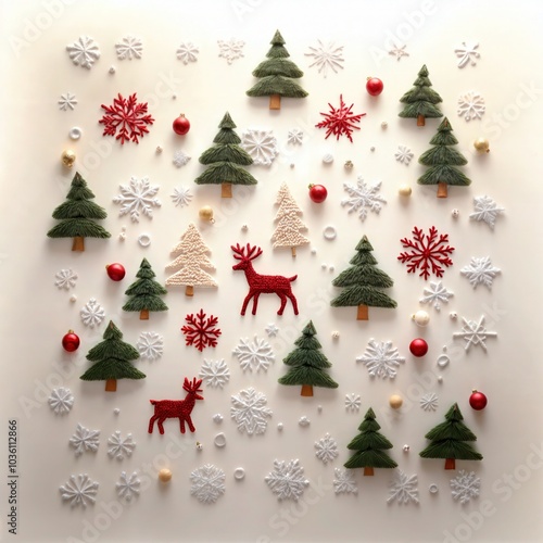 Obraz na płótnie Creative Christmas layout with felt trees, reindeer, snowflakes, and ornaments, minimalist holiday decorations on light background w salonie